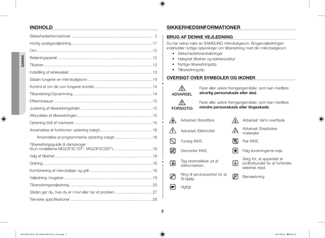 Samsung MG23F3C1EAS/EE manual Indhold, Sikkerhedsinformationer, Tilberedningsguide til dampkoger 