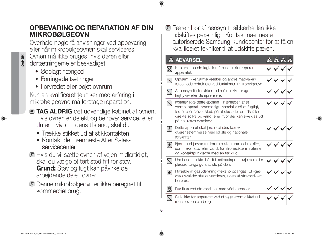 Samsung MG23F3C1EAS/EE manual Opbevaring OG Reparation AF DIN Mikrobølgeovn 