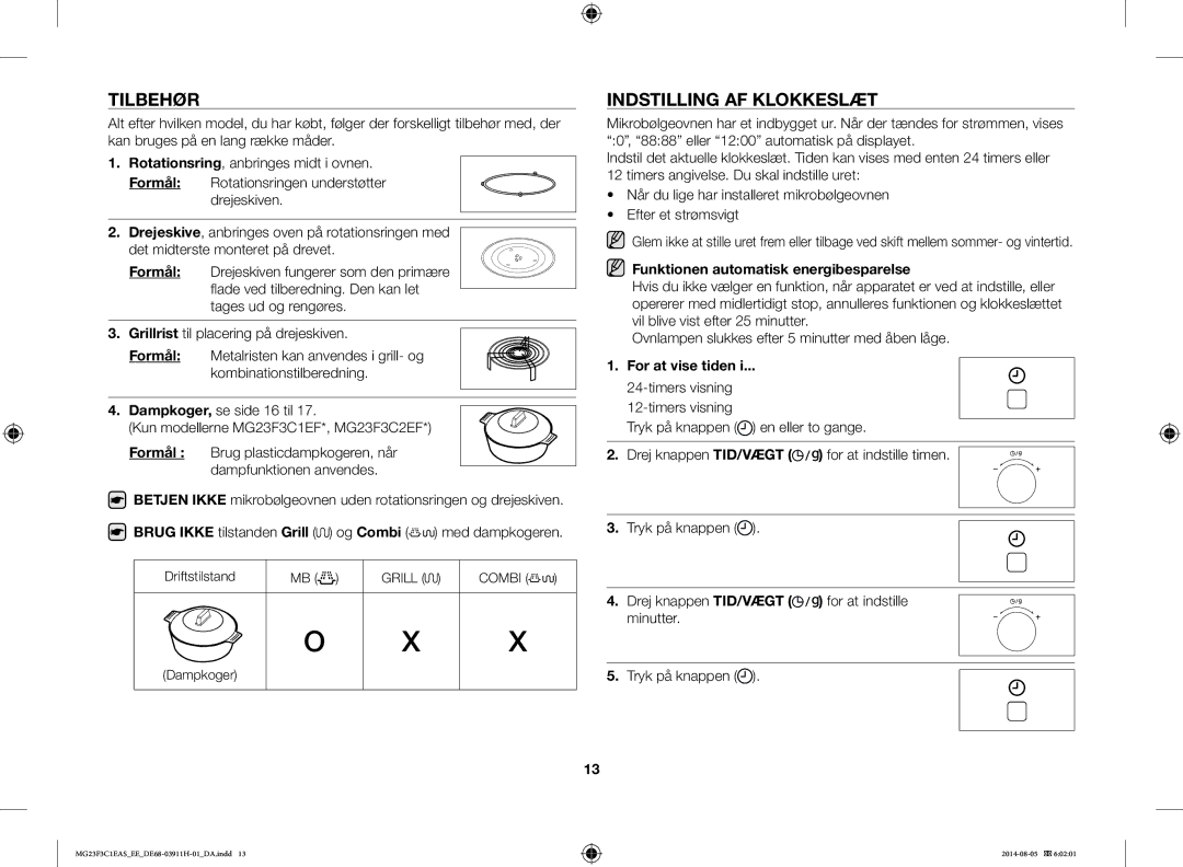 Samsung MG23F3C1EAS/EE manual Indstilling AF Klokkeslæt, Formål, Funktionen automatisk energibesparelse, For at vise tiden 