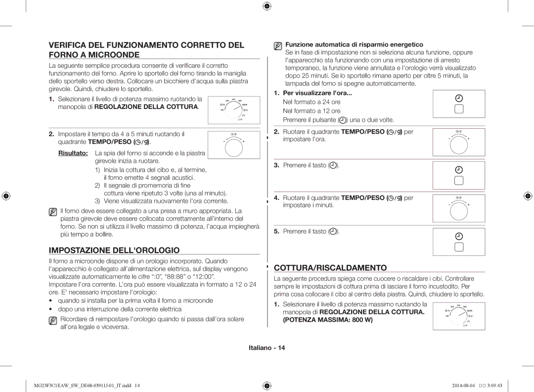 Samsung MG23F3C1EAS/SW manual Verifica del funzionamento corretto del forno a microonde, Impostazione dellorologio 