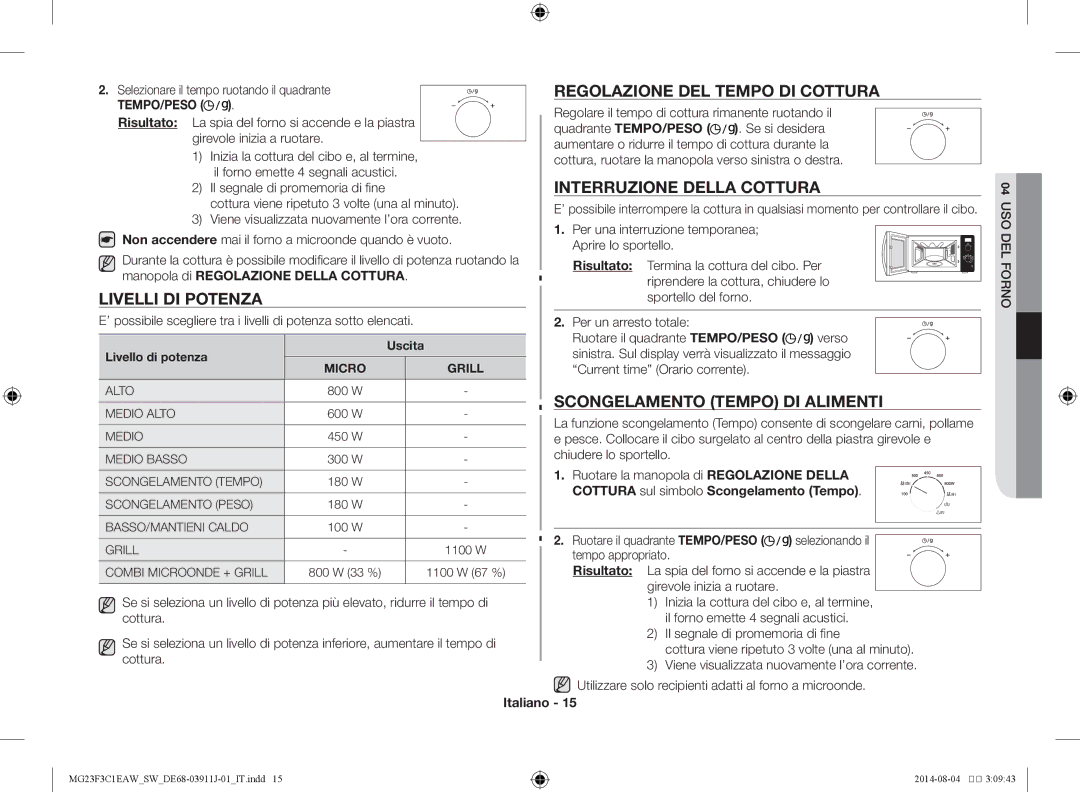 Samsung MG23F3C1EAS/SW manual Regolazione del tempo di cottura, Interruzione della cottura, Livelli di potenza 