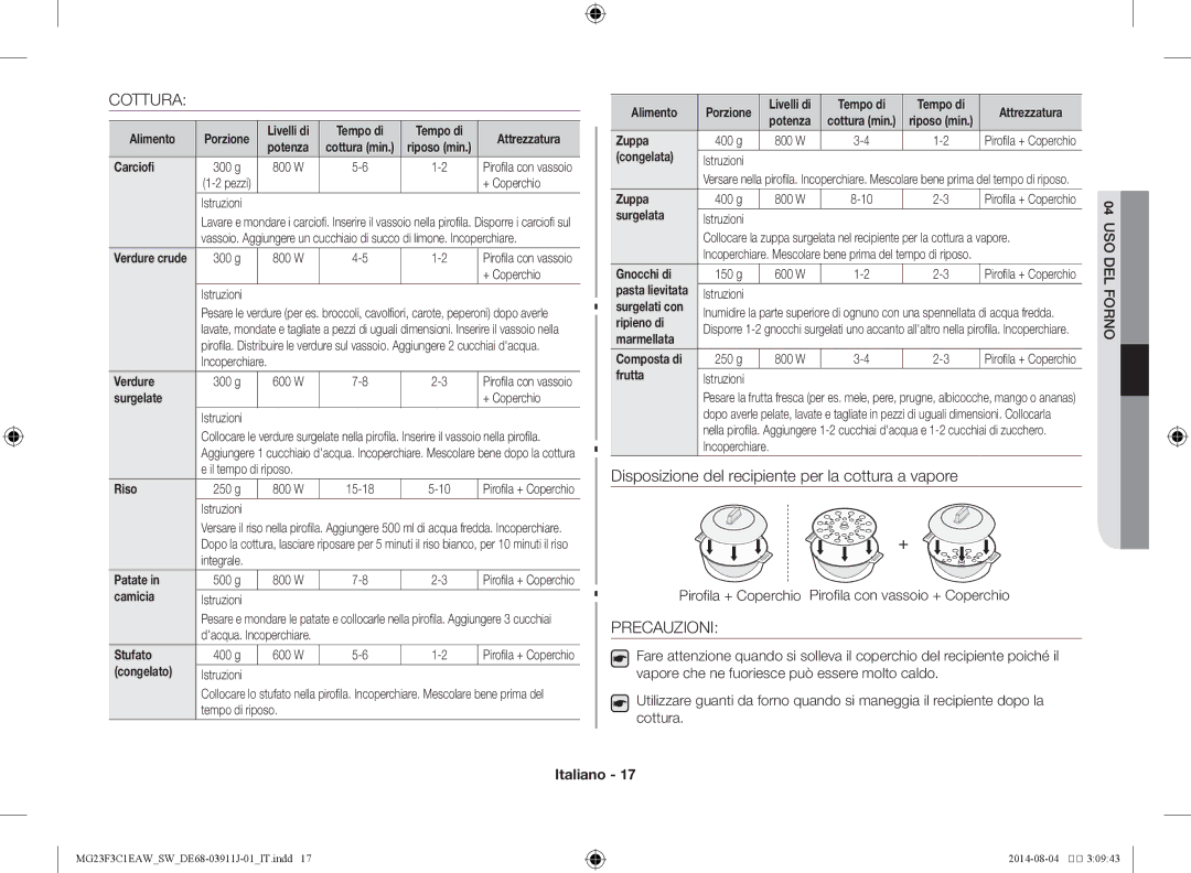 Samsung MG23F3C1EAS/SW manual Cottura, Precauzioni, Pirofila + Coperchio Pirofila con vassoio + Coperchio 