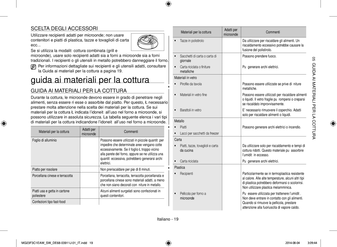 Samsung MG23F3C1EAS/SW manual Guida ai materiali per la cottura, Scelta degli accessori, RAU Cott ID05UGMATERIALIAIPER LA 