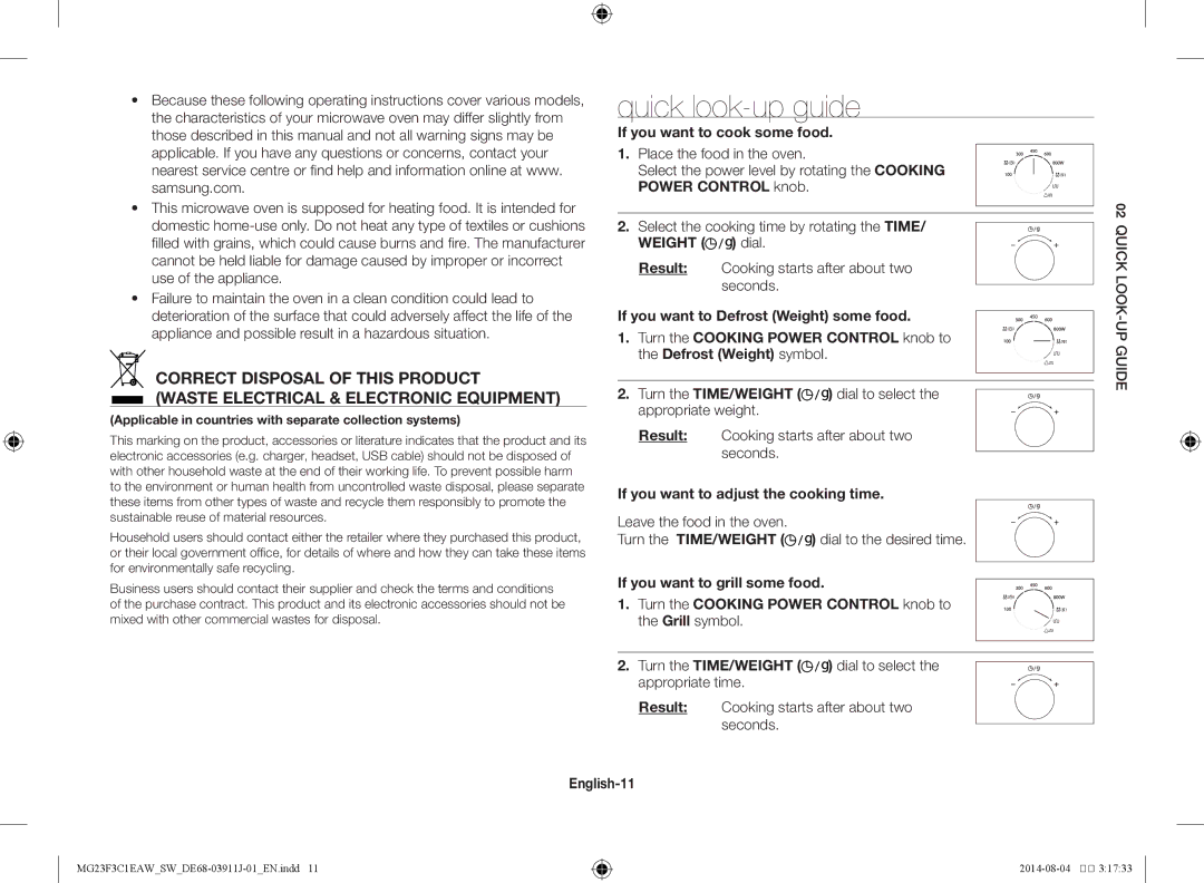 Samsung MG23F3C1EAS/SW manual Quick look-up guide, If you want to cook some food, If you want to adjust the cooking time 