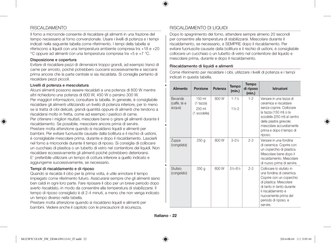 Samsung MG23F3C1EAS/SW manual Riscaldamento DI Liquidi 