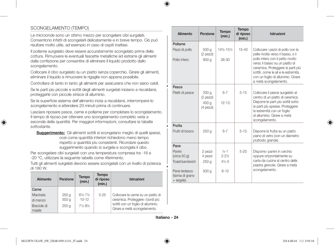 Samsung MG23F3C1EAS/SW manual Scongelamento Tempo 