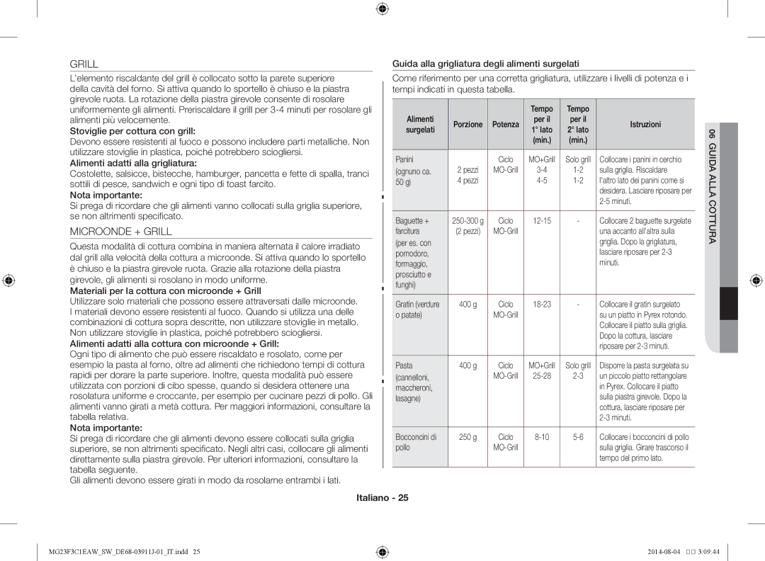 Samsung MG23F3C1EAS/SW manual Microonde + Grill, Tempo Alimenti, Surgelati 