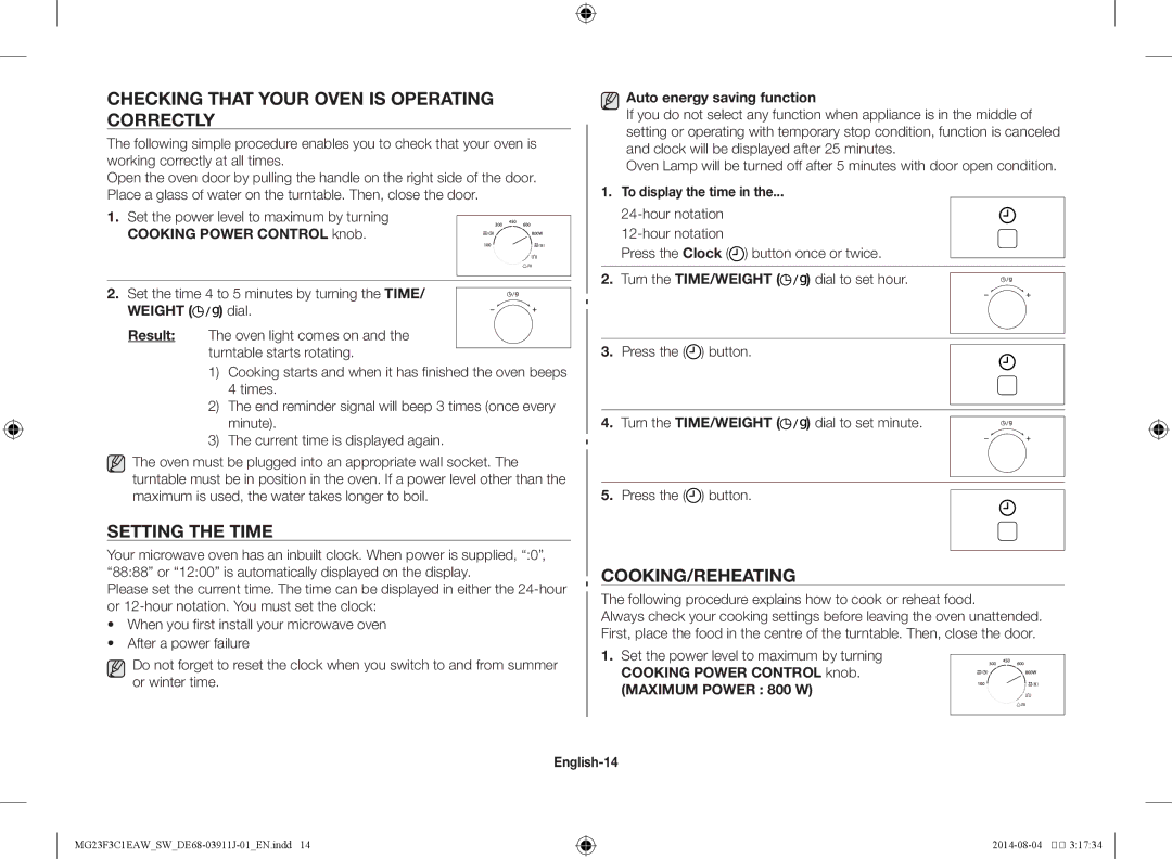 Samsung MG23F3C1EAS/SW manual Checking that your oven is operating correctly, Setting the time, Cooking/Reheating 