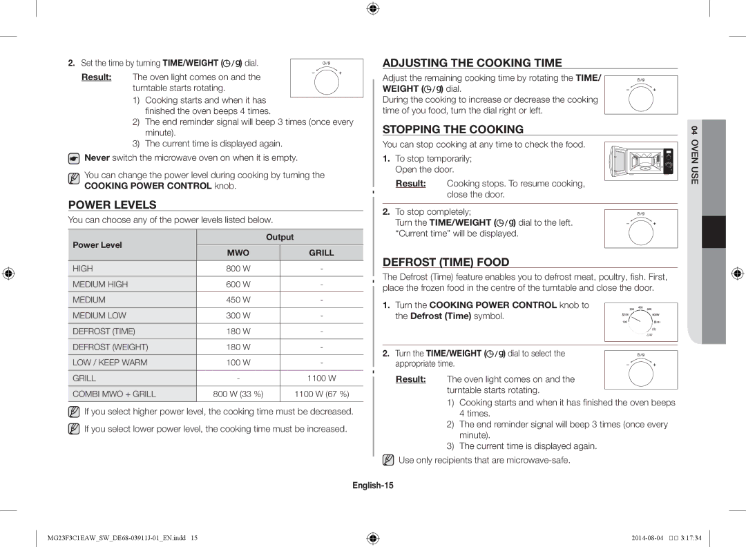 Samsung MG23F3C1EAS/SW manual Power levels, Adjusting the cooking time, Stopping the cooking, Defrost Time food, English-15 