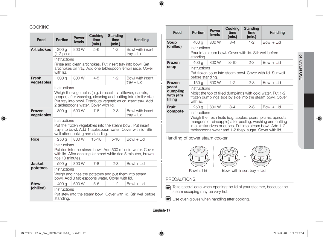 Samsung MG23F3C1EAS/SW manual Cooking, Precautions 