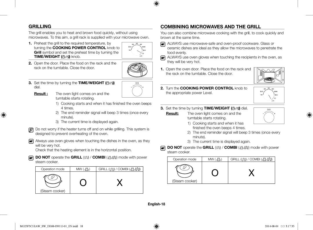 Samsung MG23F3C1EAS/SW manual Grilling, Combining microwaves and the grill, Steam cooker, English-18, Operation mode 