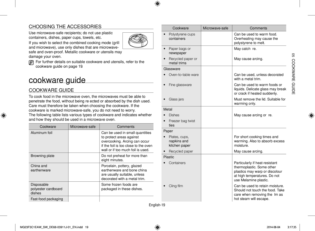 Samsung MG23F3C1EAS/SW manual Cookware guide, Choosing the accessories, English-19 