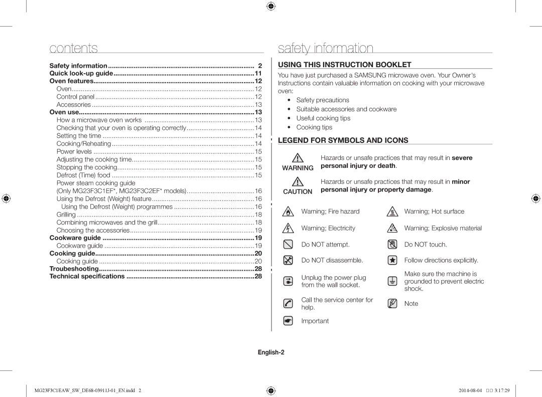 Samsung MG23F3C1EAS/SW manual Safety information, Contents 