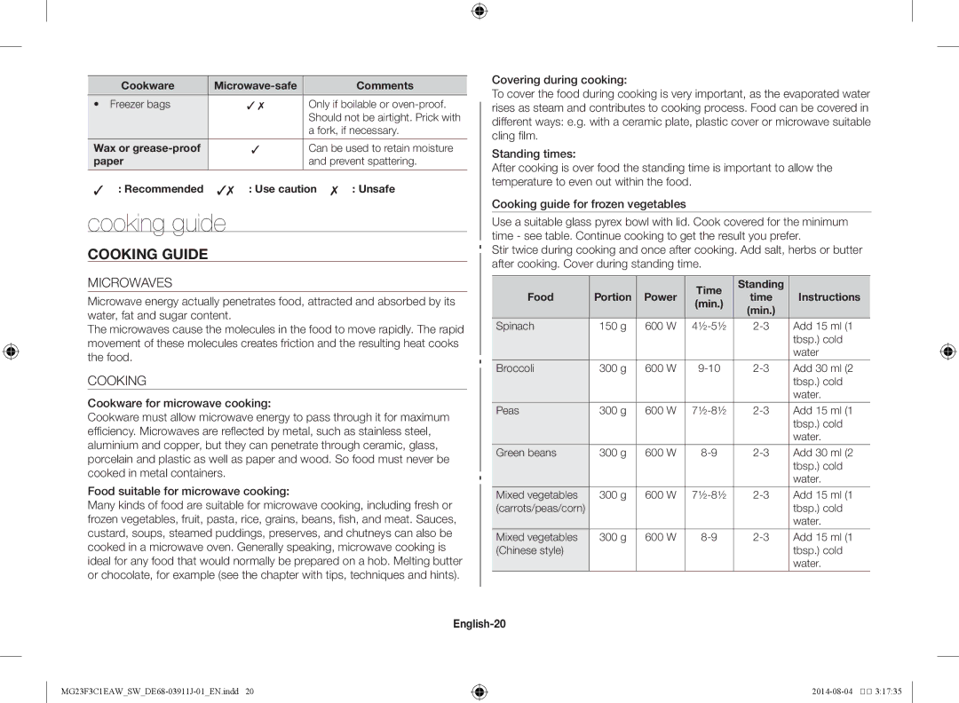 Samsung MG23F3C1EAS/SW manual Cooking guide, Microwaves, English-20 