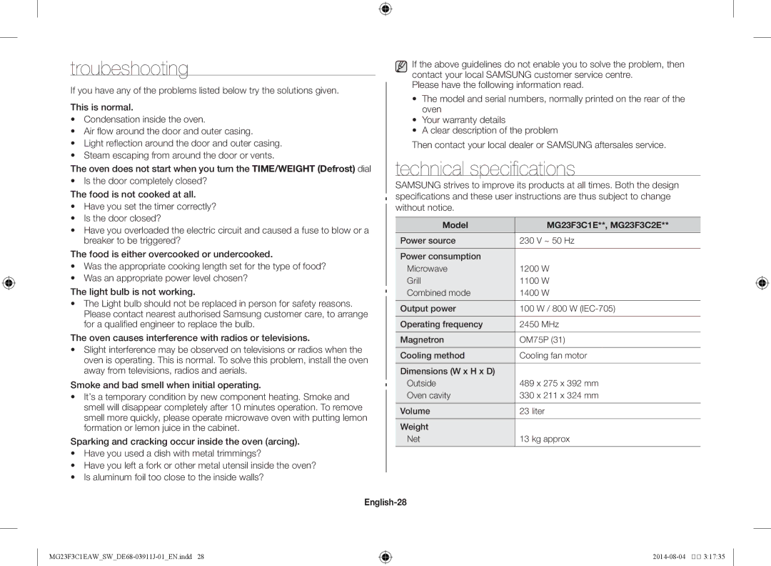 Samsung MG23F3C1EAS/SW manual Troubeshooting, Technical specifications, English-28, Model MG23F3C1E**, MG23F3C2E 