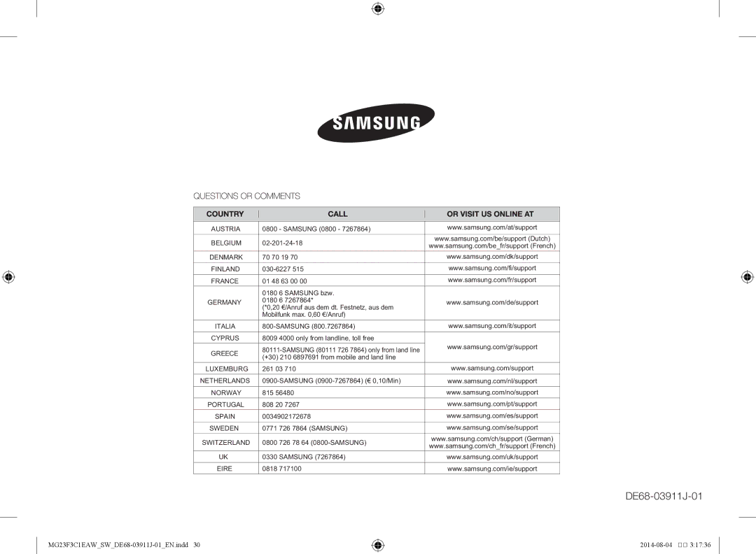 Samsung MG23F3C1EAS/SW manual DE68-03911J-01 