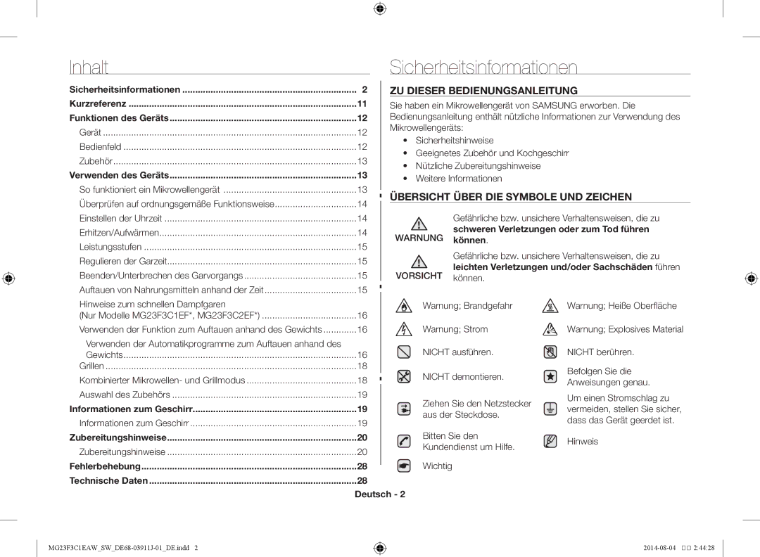 Samsung MG23F3C1EAS/SW Inhalt Sicherheitsinformationen, Schweren Verletzungen oder zum Tod führen, Können, Fehlerbehebung 