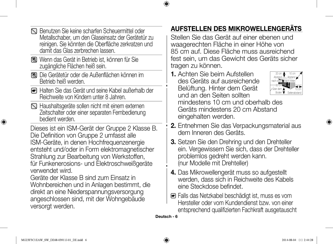 Samsung MG23F3C1EAS/SW manual Aufstellen des Mikrowellengeräts 