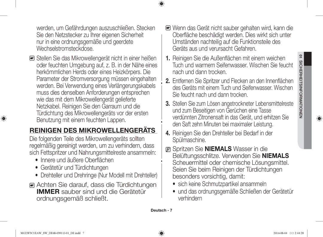 Samsung MG23F3C1EAS/SW manual Reinigen des Mikrowellengeräts 