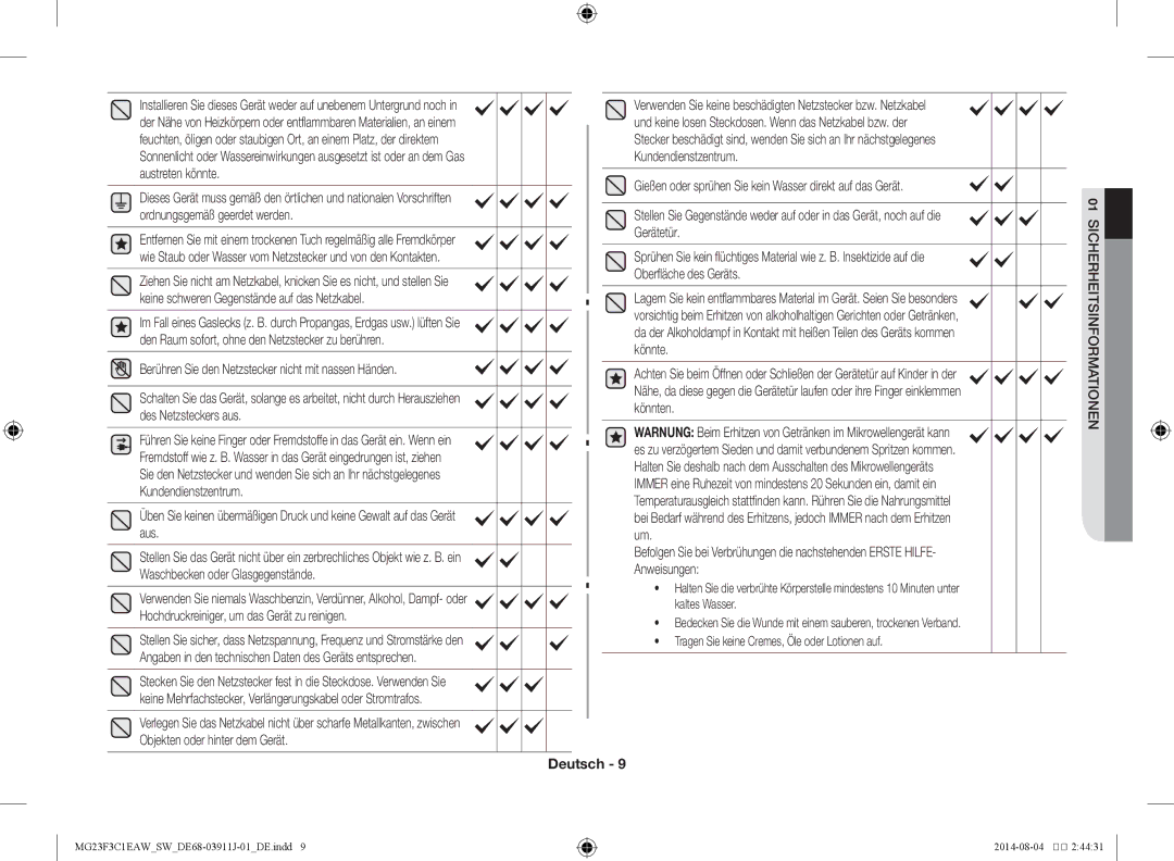 Samsung MG23F3C1EAS/SW manual Angaben in den technischen Daten des Geräts entsprechen, Objekten oder hinter dem Gerät 