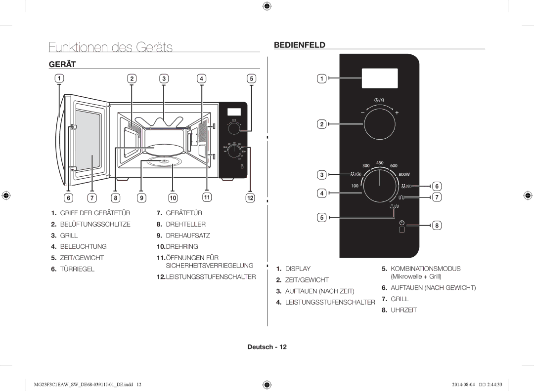 Samsung MG23F3C1EAS/SW Funktionen des Geräts, Bedienfeld, Mikrowelle + Grill, Leistungsstufenschalter 7. Grill Uhrzeit 