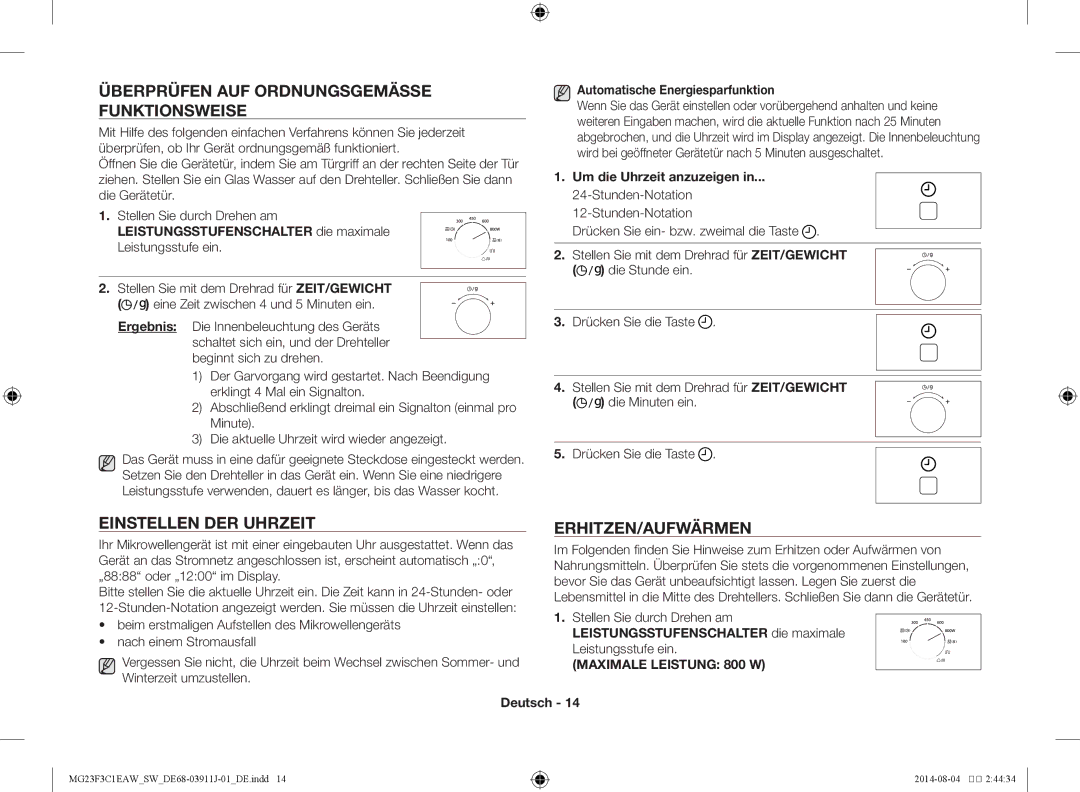 Samsung MG23F3C1EAS/SW manual Überprüfen auf ordnungsgemäSSe Funktionsweise, Einstellen der Uhrzeit, Erhitzen/Aufwärmen 