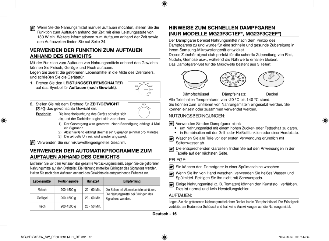 Samsung MG23F3C1EAS/SW manual Verwenden der Funktion zum Auftauen anhand des Gewichts, Nutzungsbedingungen, Pflege 