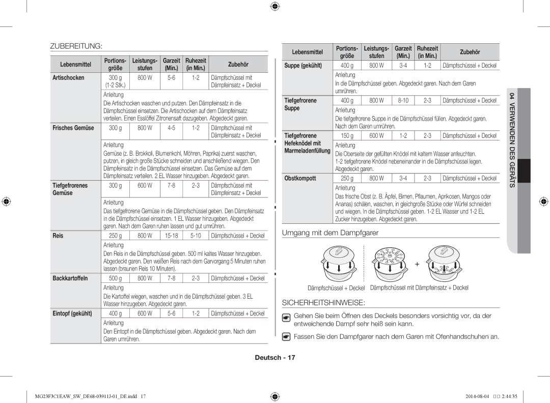 Samsung MG23F3C1EAS/SW manual Zubereitung, Sicherheitshinweise 