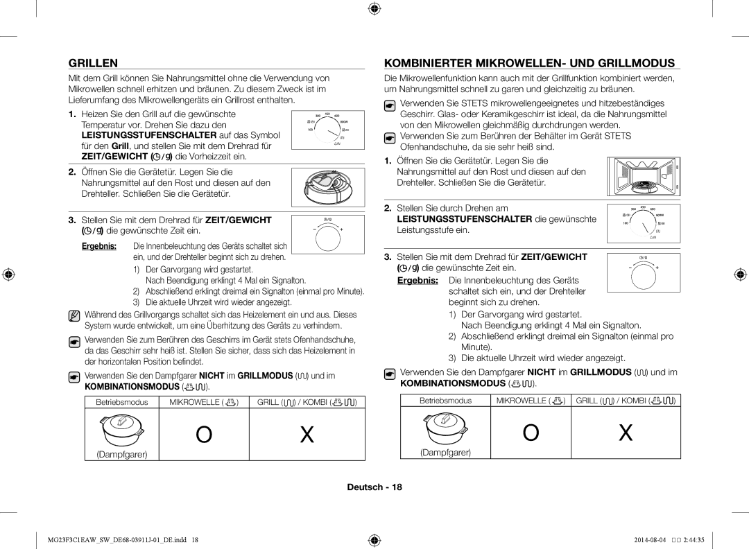 Samsung MG23F3C1EAS/SW manual Grillen, Kombinierter Mikrowellen- und Grillmodus, Dampfgarer 