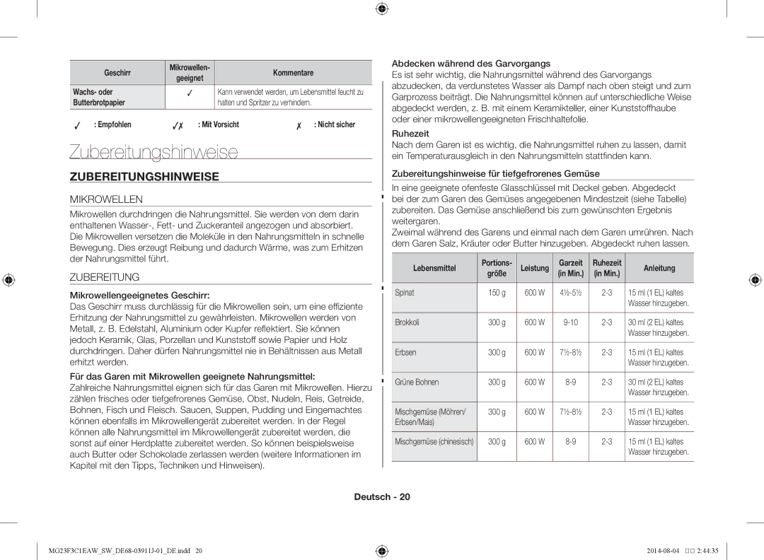 Samsung MG23F3C1EAS/SW manual Zubereitungshinweise, Mikrowellen, Abdecken während des Garvorgangs 