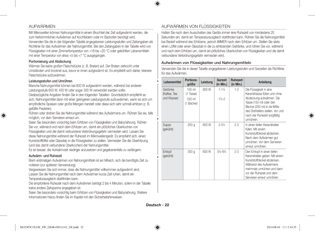 Samsung MG23F3C1EAS/SW manual Aufwärmen VON Flüssigkeiten, Portionierung und Abdeckung, Leistungsstufen und Umrühren 