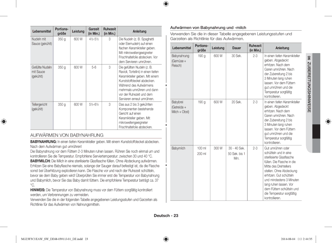Samsung MG23F3C1EAS/SW manual Aufwärmen VON Babynahrung, Dauer 