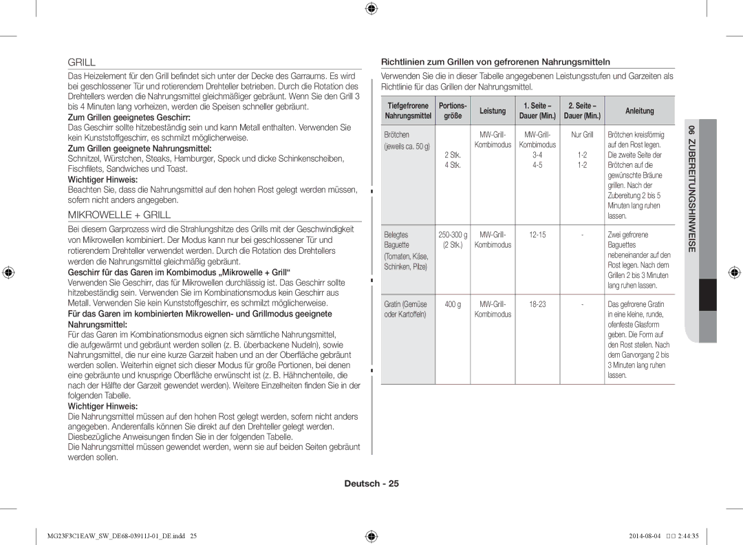 Samsung MG23F3C1EAS/SW manual Geschirr für das Garen im Kombimodus „Mikrowelle + Grill, Leistung 