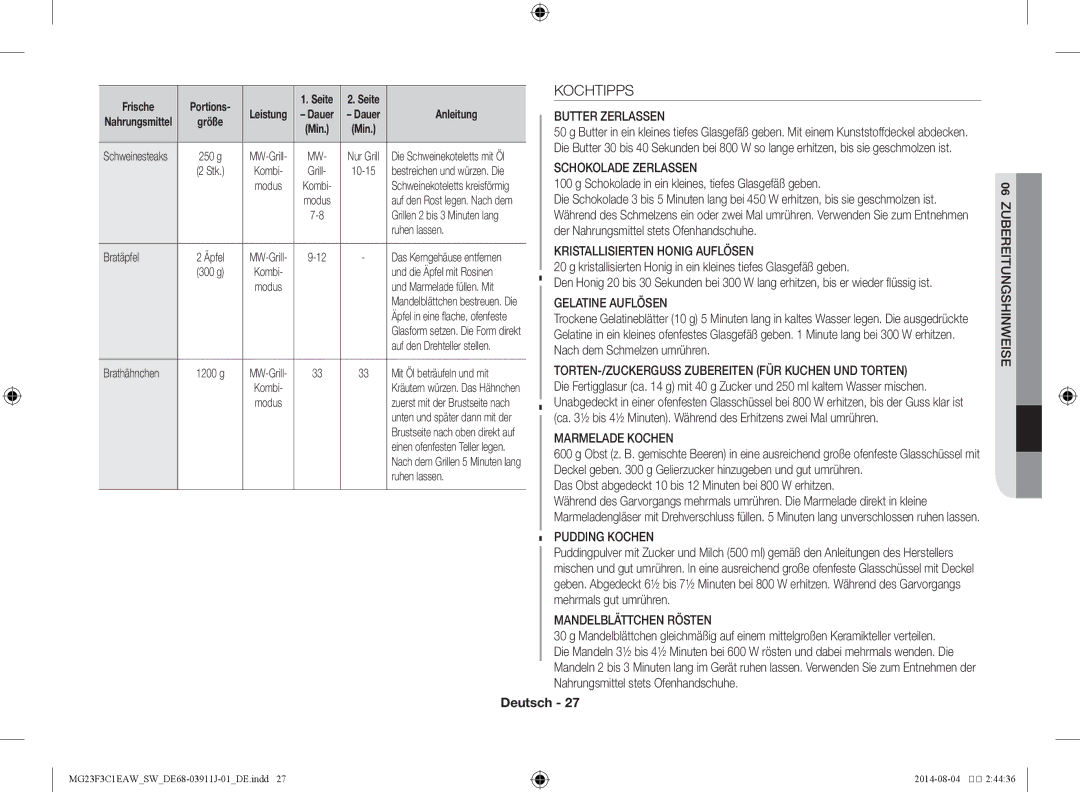 Samsung MG23F3C1EAS/SW manual Kochtipps 