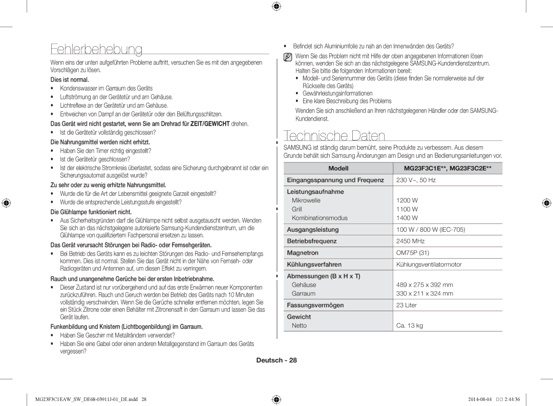 Samsung MG23F3C1EAS/SW manual Fehlerbehebung, Technische Daten, Rauch und unangenehme Gerüche bei der ersten Inbetriebnahme 