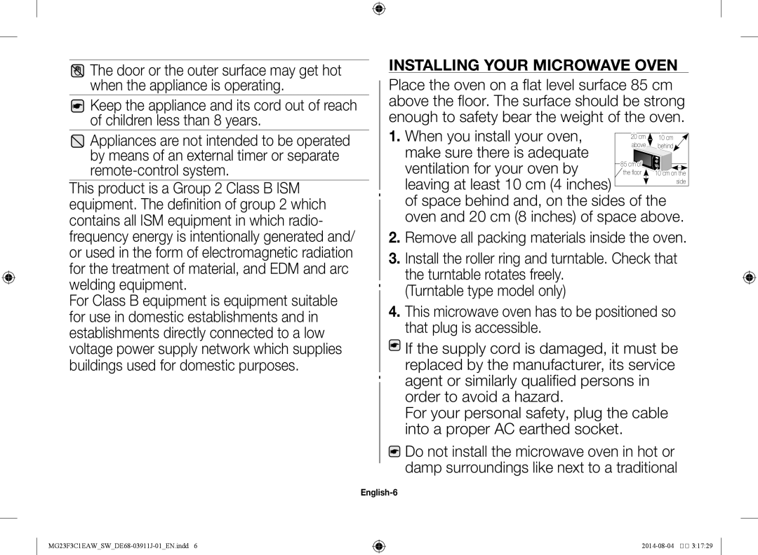 Samsung MG23F3C1EAS/SW manual Installing your microwave oven, English-6 