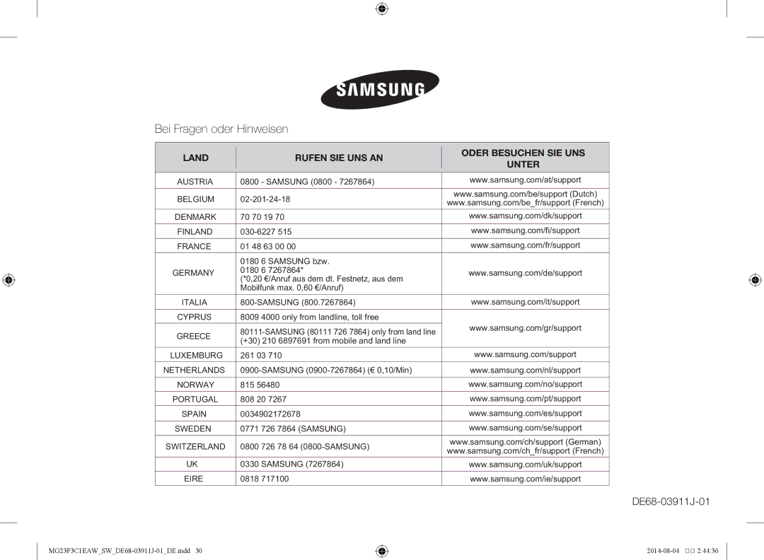 Samsung MG23F3C1EAS/SW Samsung 0800, 02-201-24-18, 70 70 19, 030-6227, 01 48 63 00 0180 6 Samsung bzw, 261 03, 815, 808 20 