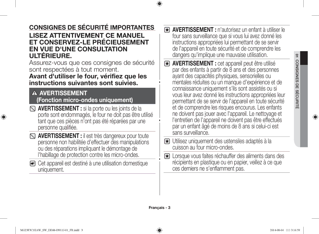 Samsung MG23F3C1EAS/SW manual Avertissement, Rit sécue d gnes 01 consi 