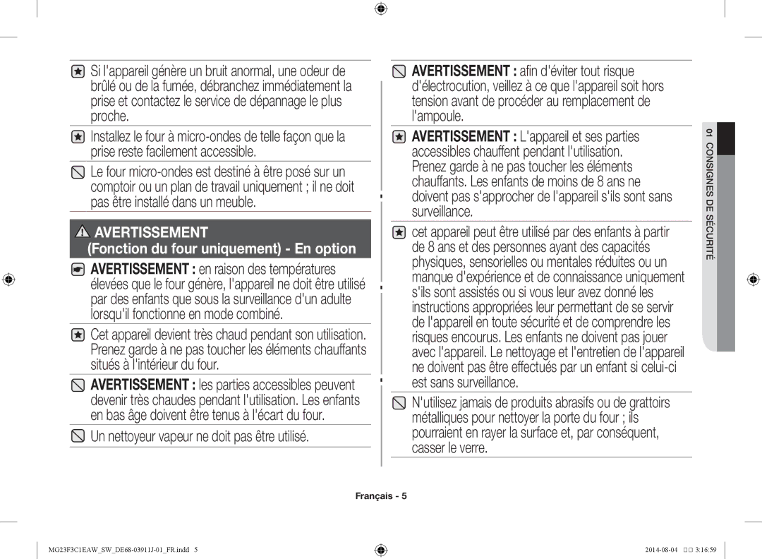 Samsung MG23F3C1EAS/SW manual Un nettoyeur vapeur ne doit pas être utilisé, Fonction du four uniquement En option 