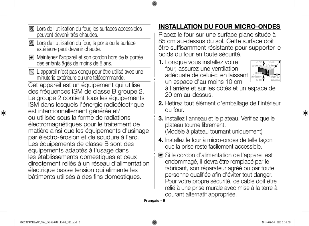 Samsung MG23F3C1EAS/SW manual Installation du four micro-ondes 