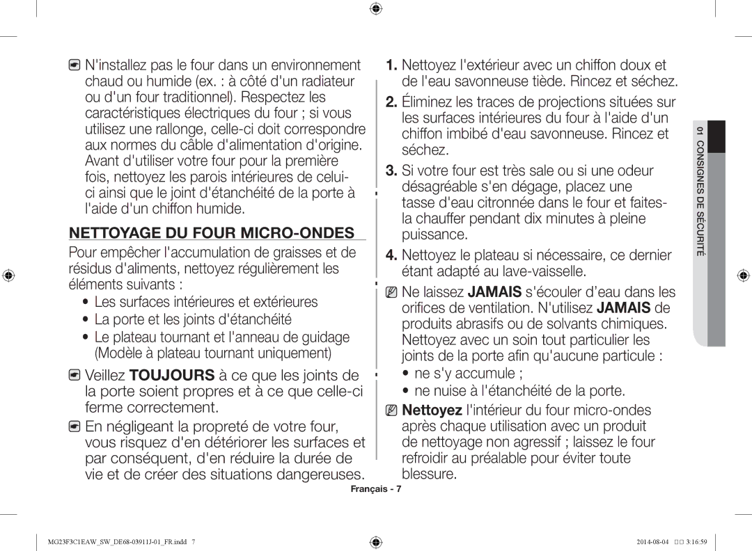 Samsung MG23F3C1EAS/SW manual Nettoyage du four micro-ondes 