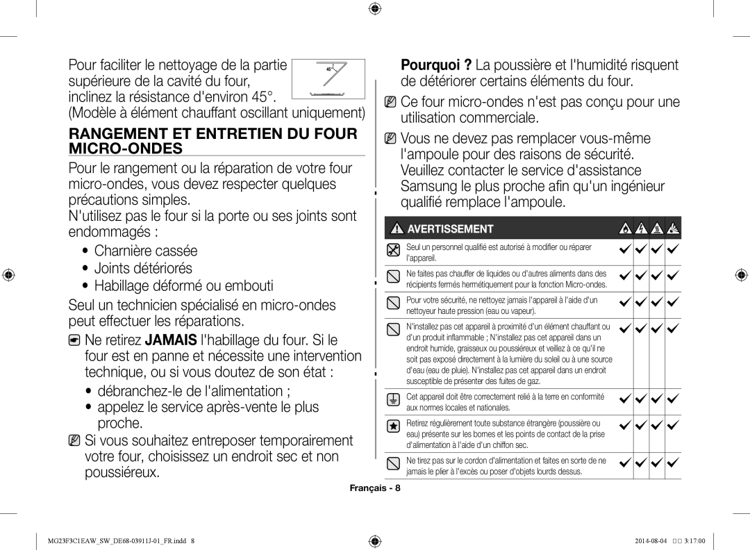 Samsung MG23F3C1EAS/SW manual Rangement et entretien du four micro-ondes, Avertissement 