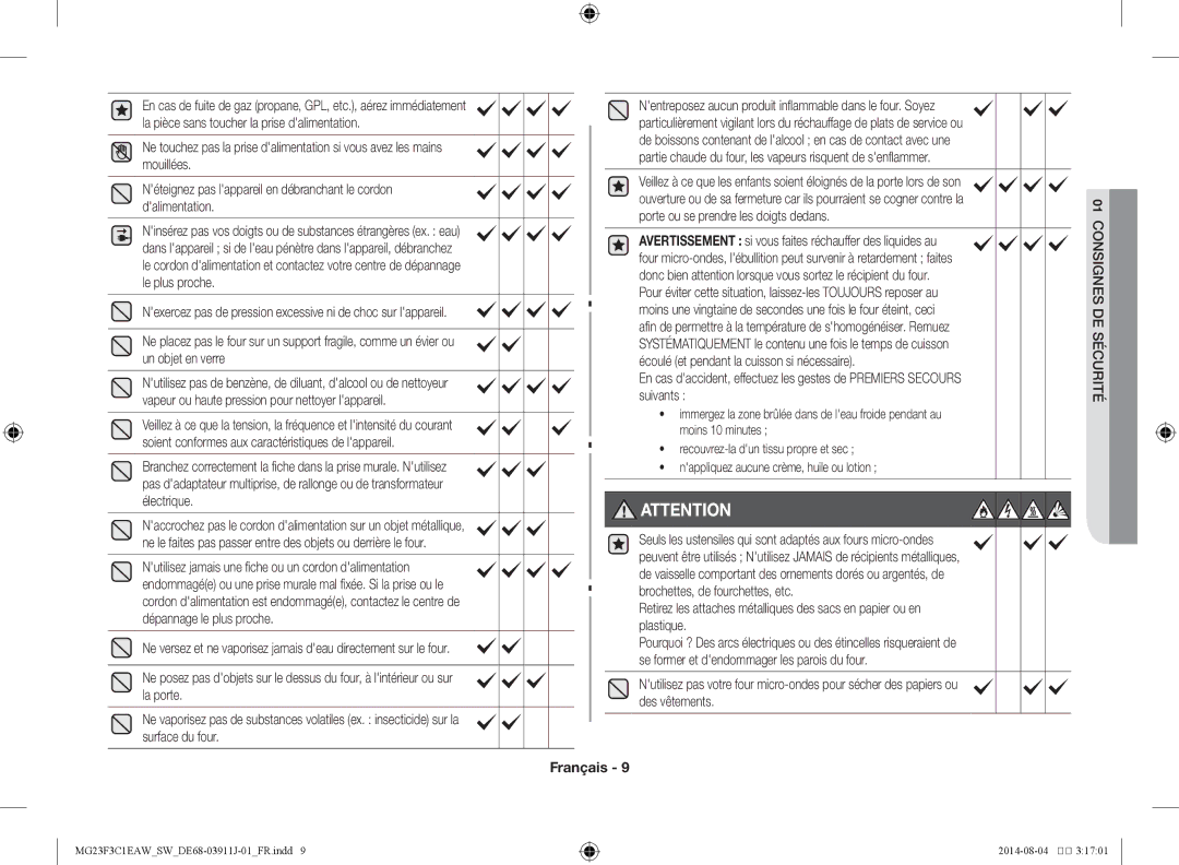 Samsung MG23F3C1EAS/SW manual Nexercez pas de pression excessive ni de choc sur lappareil 