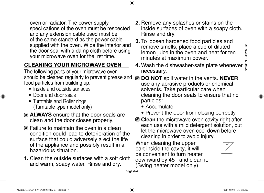 Samsung MG23F3C1EAS/SW manual Cleaning your microwave oven, English-7 