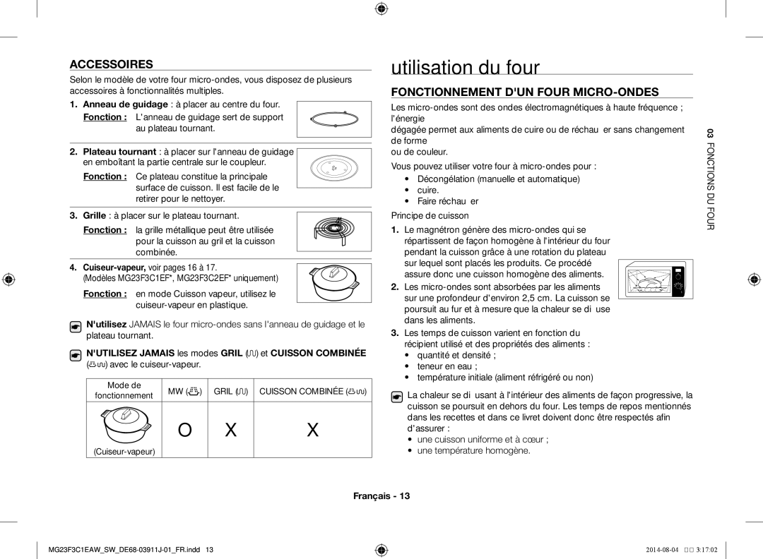 Samsung MG23F3C1EAS/SW manual Utilisation du four, Accessoires, Fonctionnement dun four micro-ondes, Cuiseur-vapeur 