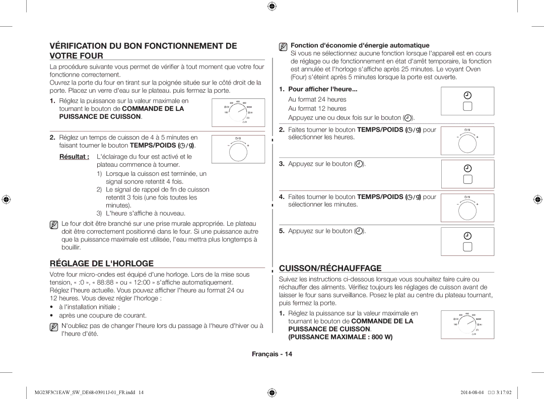 Samsung MG23F3C1EAS/SW manual Vérification du bon fonctionnement de votre four, Réglage de lhorloge, Cuisson/Réchauffage 