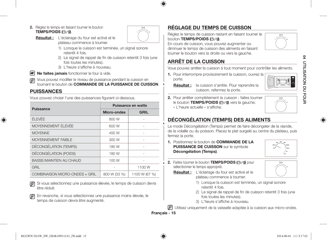 Samsung MG23F3C1EAS/SW Réglage du temps de cuisson, Arrêt de la cuisson, Puissances, Décongélation Temps des aliments 