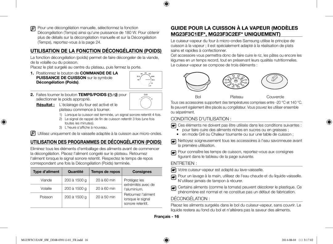 Samsung MG23F3C1EAS/SW Utilisation de la fonction décongélation poids, Utilisation des programmes de décongélation poids 