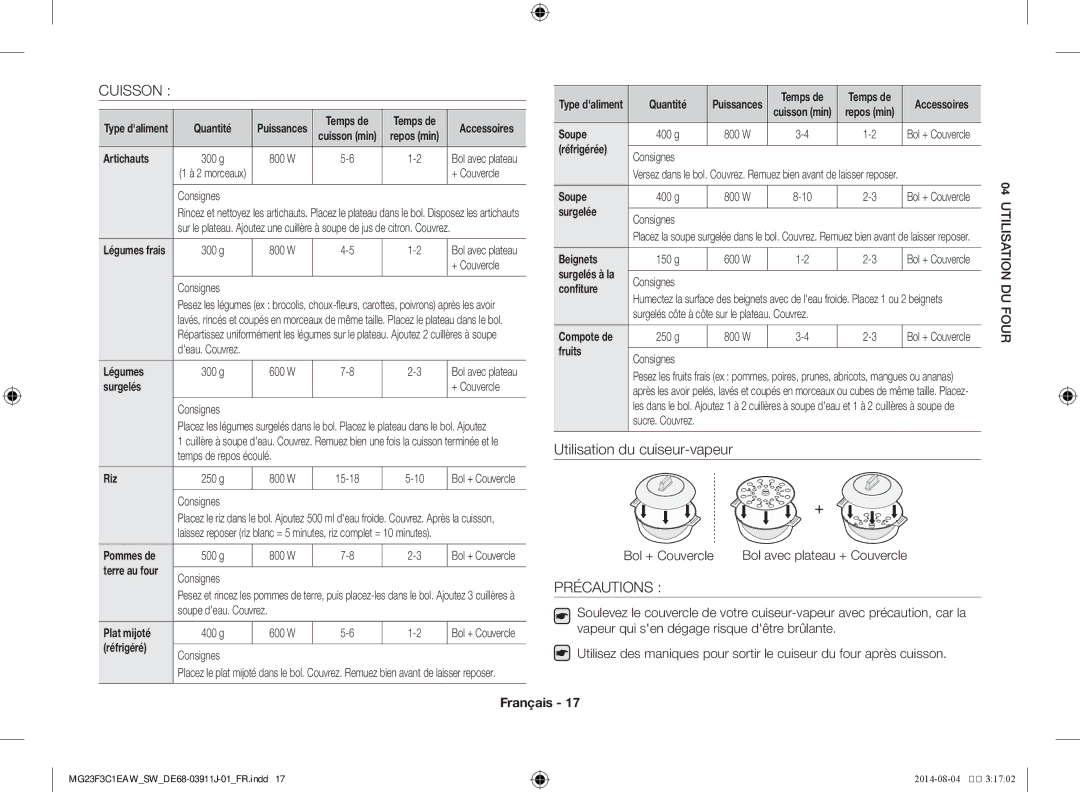 Samsung MG23F3C1EAS/SW manual Cuisson, Précautions, Bol + Couvercle 