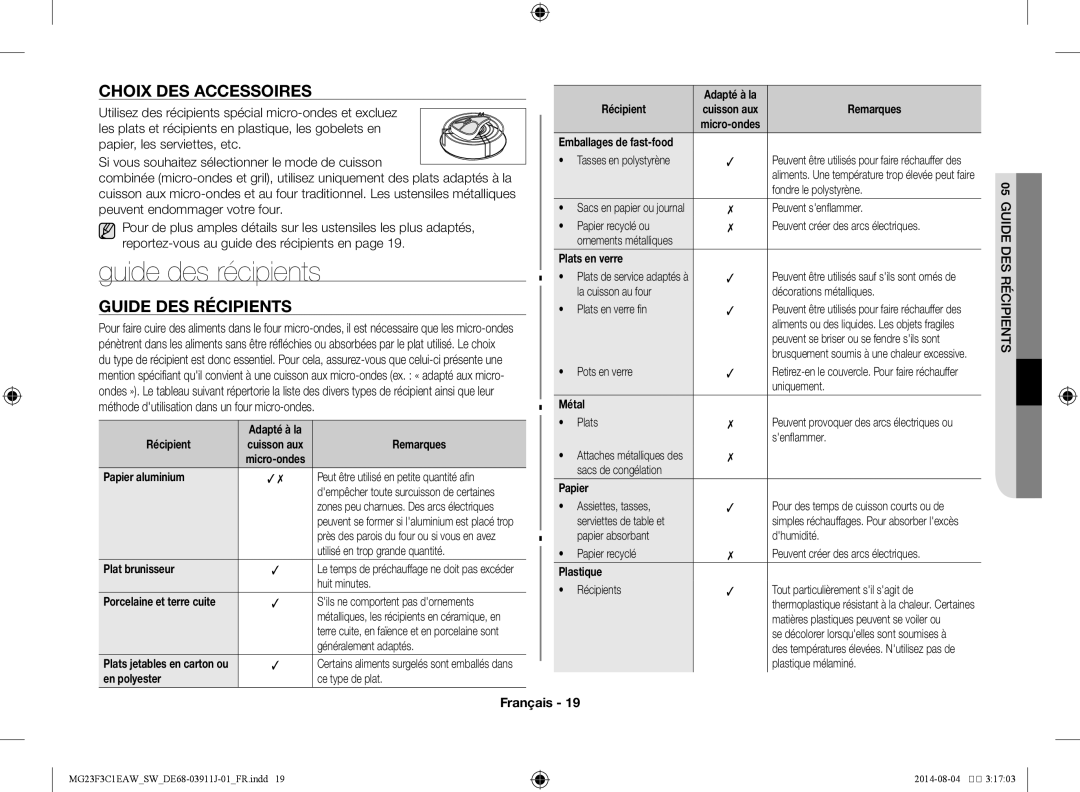 Samsung MG23F3C1EAS/SW manual Guide des récipients, Choix des accessoires, Écipientsesd ER ID05 GU 